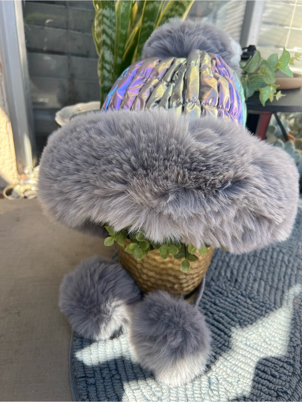Plush Faux Fur Pom Pom Kids Hat in Gray